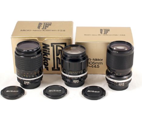 Nikon Manual Focus Micro & Lenses. Comprising Micro-Nikkor 105mm f2.8 Ais #187921, blades slow. In makers box (condition 4G);