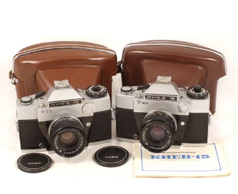 Two Uncommon KIEV-15 Cameras. Kiev-15TEE, Automatic SLR with CdS metering. 1975. HELIOS-81 AUTOMAT 2.0/50, locked on body. Se