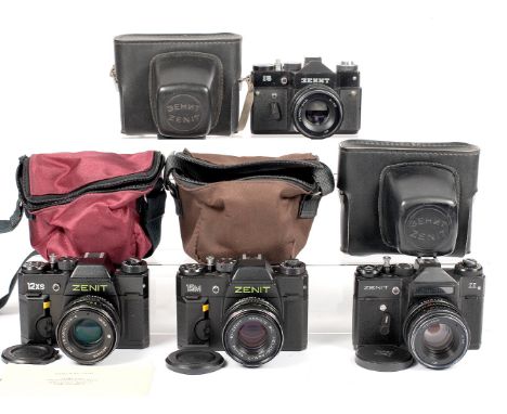 Four Uncommon Zenit 35mm Cameras. 1992 ZENIT-11 with HELIOS-44M f2 58mm lens, cap & case. Serial numbers/Princelle Book codes