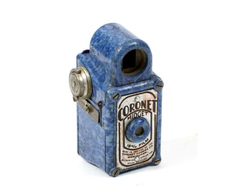 BLUE Coronet Midget Sub Miniature Camera. (condition 5F) D-ring winder version. Front viewfinder glass & rim missing. No chip