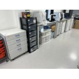 Lab workbench to include 3 x mobile tables, 2 x 4-drawer units, 1 x 6-drawer plastic unit and drawer