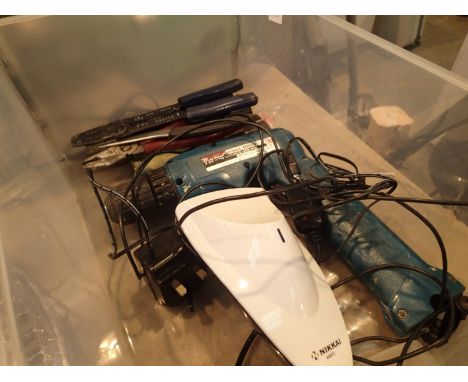 Box of tools including Makita battery drill (no charger) and an outdoor aerial. Not available for in-house P&amp;P. 