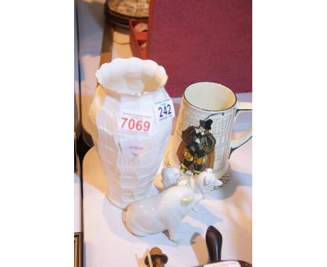 Collection of ceramics including Belleek pig and vase, Royal Doulton character jug and a souvenir collie dog. P&amp;P Group 2