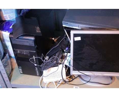 Shelf of mixed electrical items including PC tower, monitor etc. Not available for in-house P&amp;P. 