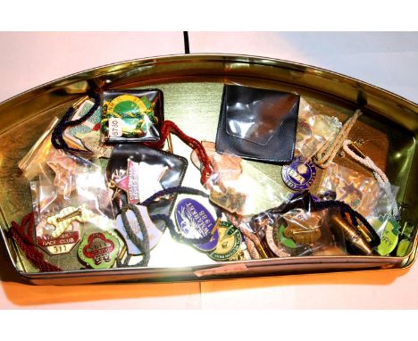 Box of predominantly metal and enamel race badges. P&amp;P Group 2 (£18+VAT for the first lot and £3+VAT for subsequent lots)