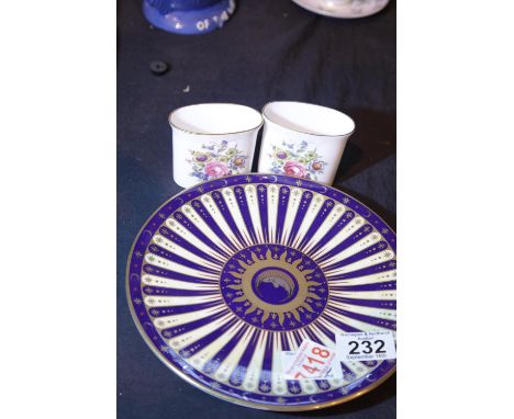 Royal Worcester Centenary plate and two small floral pots. P&amp;P Group 2 (£18+VAT for the first lot and £3+VAT for subseque