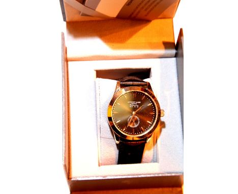 New boxed Anthony James black and gold dial wristwatch on black strap. P&amp;P Group 1 (£14+VAT for the first lot and £1+VAT 