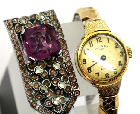 Gold plated Rotary wristwatch and an amethyst set clip. P&amp;P group 1 (£14 + VAT for the first lot and £1 for each subseque