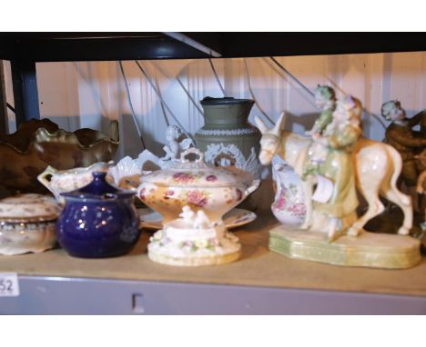 Shelf of mixed ceramics and pottery including Portmeirion. Not available for in-house P&amp;P. 