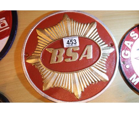 Cast iron BSA sign, D: 24 cm. P&amp;P Group 2 (£18+VAT for the first lot and £3+VAT for subsequent lots) 