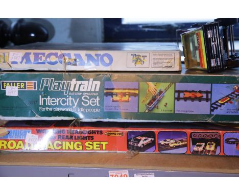 Faller Intercity play train set, car racing set, Meccano set and tinplate tipper truck.  P&amp;P Group 2 (£18+VAT for the fir