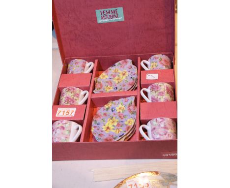 Boxed coffee set:- Femme Moderne French boxed set of 6 floral, china cups and saucers. Not available for in-house P&amp;P 
