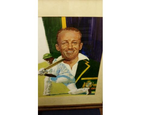CRICKET, watercolour sketch of Don Bradman, by Ivan Rose (1983), full-length batting with inset portrait, overmounted, framed