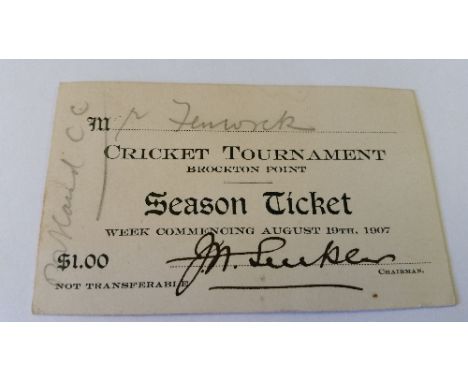 CRICKET, 'season ticket' card for Brockton Point Cricket Tournament (Vancouver, Canada), week commencing August 19th 1907, wi