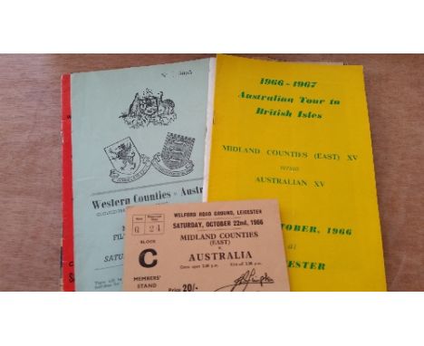 RUGBY UNION, programmes for Australia tours to UK, inc. v Midland Counties 1966, England 1958, Wales 1947 (all with tickets);