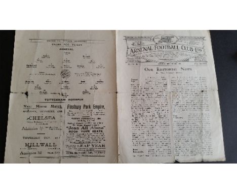 FOOTBALL, Arsenal home programme, v Tottenham Hotspur, 25th Oct 1924, small tears to folds & edges, about G