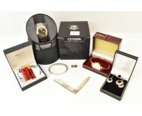 A collection of jewellery comprising a pair of gold and amethyst set stud earrings, with post and butterfly clasp, a solid si