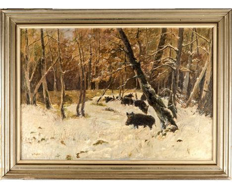 Junghans, L.  , Jagdmaler Oel/Leinwand. Wildschweine im Winterwald. Links unten sign. 65 x 95 cm. Rahmen 83 x 115 cm.