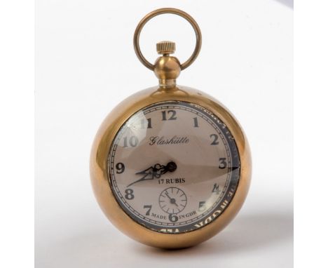 Glashütte Kugeluhr Messinggehäuse mit 2seitigem Lupenglas. Made in GDR, VEB Glashütter Uhrenbetriebe, Nr. 375144. Ø ohne Kron