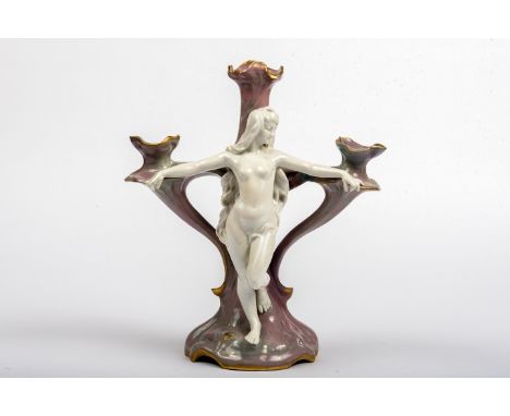 Jugendstil Kerzenleuchter, Bauer, Rosenthal &amp;amp; Co. Kronach 3-flammiger Kerzenleuchter, Frauenakt mit ausgestreckten Ar