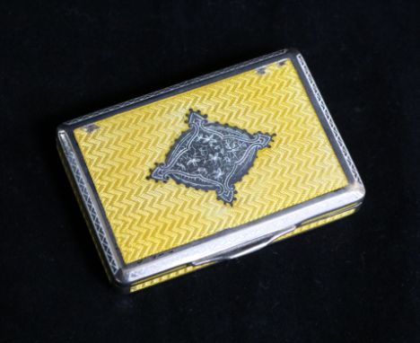 A mid 20th century Austrian 900 standard silver and yellow enamel rectangular snuff box, enamel a.f., 80mm.