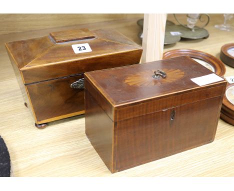 Shell inlaid tea caddy and another