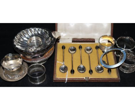 A Continental white-metal-mounted fruitwood bowl, six cased silver bean end coffee spoons, a Chinese napkin ring and sundries