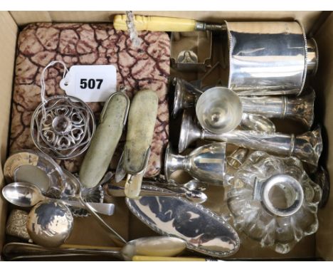 A quantity of mainly silver items including a tea caddy, pair of spill vases, flatware and a Scottish silver brooch