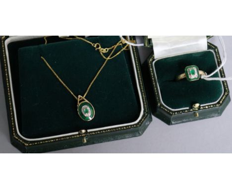 A 14ct gold emerald, diamond and enamel ring and a similar pendant both in Brooks & Bentley box.