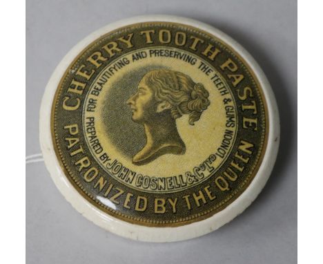 A pot lid "Cherry Toothpaste, Patronized by the Queen", showing a profile portrait of the Queen, the underside with a John Go