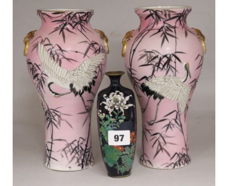 A pair of enamelled Japanese ceramic vases and a cloisonne vase