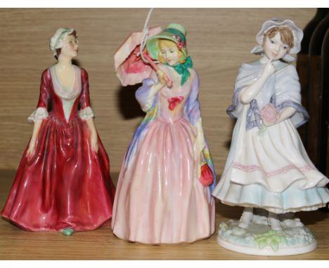Two Royal Doulton figures 'Miss Demure' and 'Gwynneth' and a Royal Worcester figure