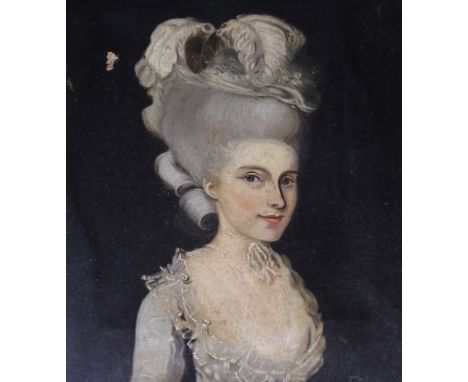 19th century English School, oil on canvas, portrait of an 18th century lady, 35 x 30cm, unframed
