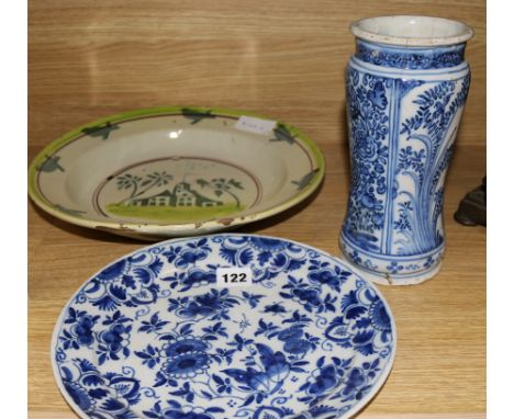 A 19th century Continental tinglaze dish, an albarello and a blue and white plate dish 32cm