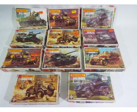 Matchbox - A group of 11 boxed vintage plastic 1:72 scale military model kits by Matchbox. Lot includes PK-71 Sherman Firefly