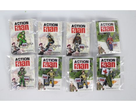 Hasbro, Action Man - A collection of eight Action Man pin badges. The badges dating from 2006, launched by the Meningitis Tru