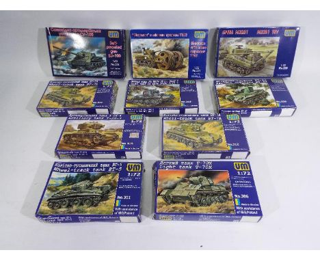 UM - Ten boxed 1:72 scale military vehicle plastic model kits by UM. Lot includes #221 Sherman with Mine Exploder T1 E3; #301