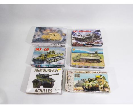 Armourfast, Siga Models, Mirage Hobby, Pegasus Hobbies, Ace - Six boxed 1:72 scale military vehicle plastic model kits. Lot i