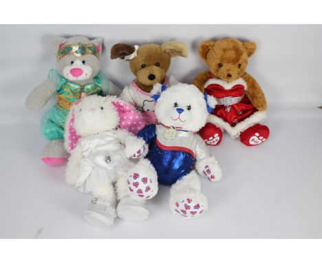 Build-a-Bear - 4 bears + 1 other, to include a brown bear wearing a Christmas dress and red shoes. A grey cat wearing a princ