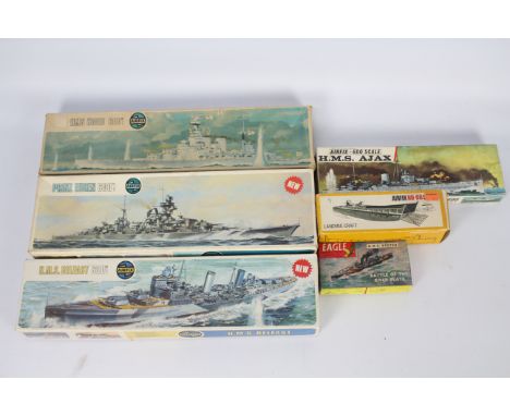 Airfix - Four Airfix boxed plastic 600th scale model ship kits, plus an Eagle 1;1200 scale HMS Exeter; with a boxed Airfix Ho