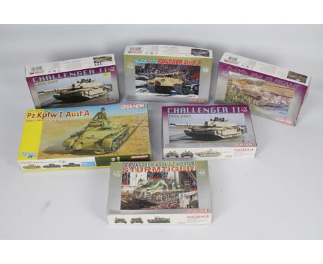 Dragon - Six boxed 1:72 scale [plastic model tank kits by Dragon. Lot consists ofd Dragon #7228 Challenger II (Iraq 2003) x2;