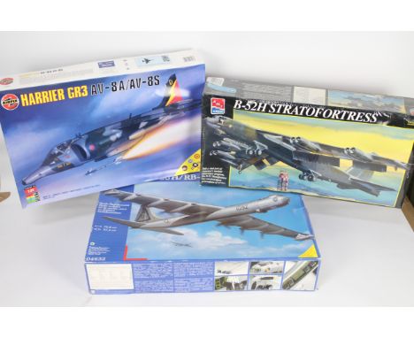 Three Aeroplane 1:72 scale kits comprising Revell Convair B-30H/RB-36F Peacemaker # 04632, Airfix Harrier GR3 AV-8A/AV-8S # 1