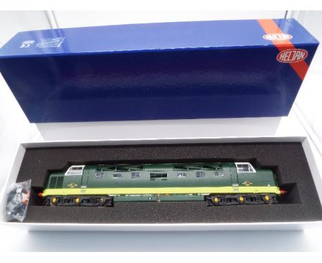 Heljan - an O gauge model split head diesel electric locomotive, BR green livery with yellow ends,  un-numbered # 55001, appe