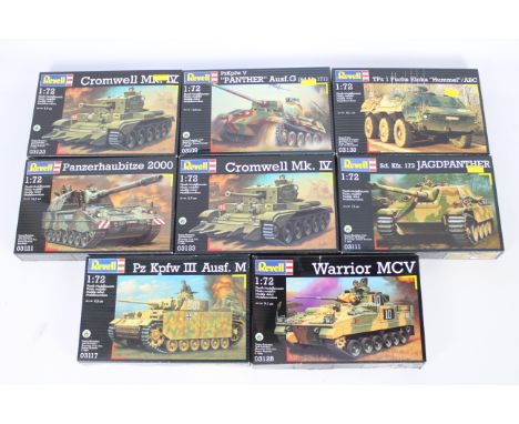 Revell - Eight boxed 1:72 scale military vehicle plastic model kits by Revell. Lot includes #03111 Jagdpanther;  #03128 Warri