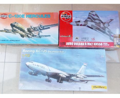 Three 1:72 scale model aircraft comprising Heller US Air Force Boeing KC135 Stratotanker in sealed packaging, Airfix Avro Vul