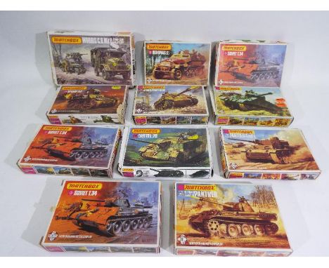 Matchbox - A boxed grouping of 11 vintage plastic 1:72 scale military model kits by Matchbox. Lot includes PK-172 Morris C.8 