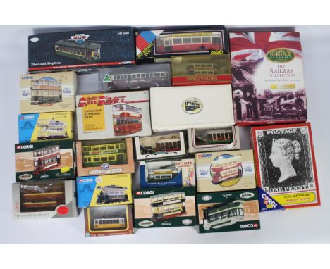Corgi, Matchbox, Solido, Lledo, Others - A collection of boxed mainly diecast model trams and buses in various scales. Lot in