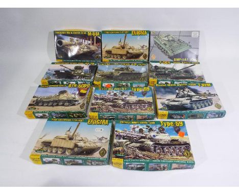 ACE - 11 boxed 1:72 scale military vehicle plastic model kits by ACE. Lot includes #72152 Iraqi Unparmored T55 MBT Enigma; #7