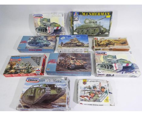 Airfix, Italeri, Emhar, Hasegawa, Other - Ten boxed 1:72 scale military vehicles and soldier plastic model kits. Lot includes