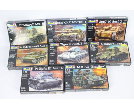 Revell - Eight boxed 1:72 scale military vehicle plastic model kits by Revell. Lot includes #03124 M2A2 'Bradley'; #03138 Tig